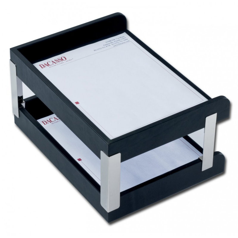 Classic Black Leather Double Side Load Letter Trays with Silver Posts