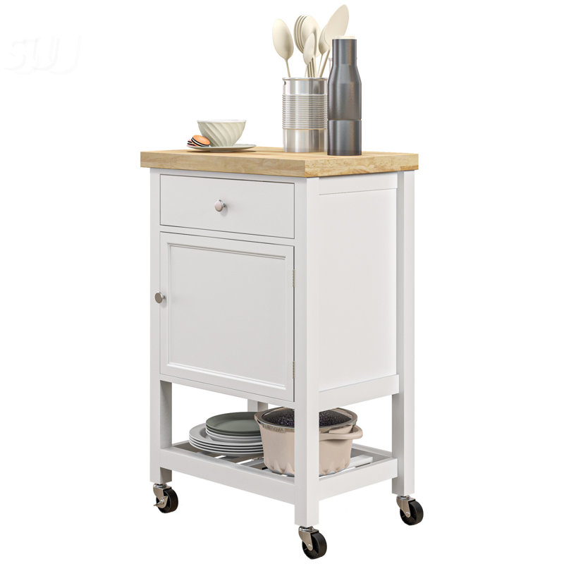 Utility Kitchen Cart, Rolling Kitchen Island With Smooth Rubberwood Top, Narrow Butcher Block Surface On Wheels, White