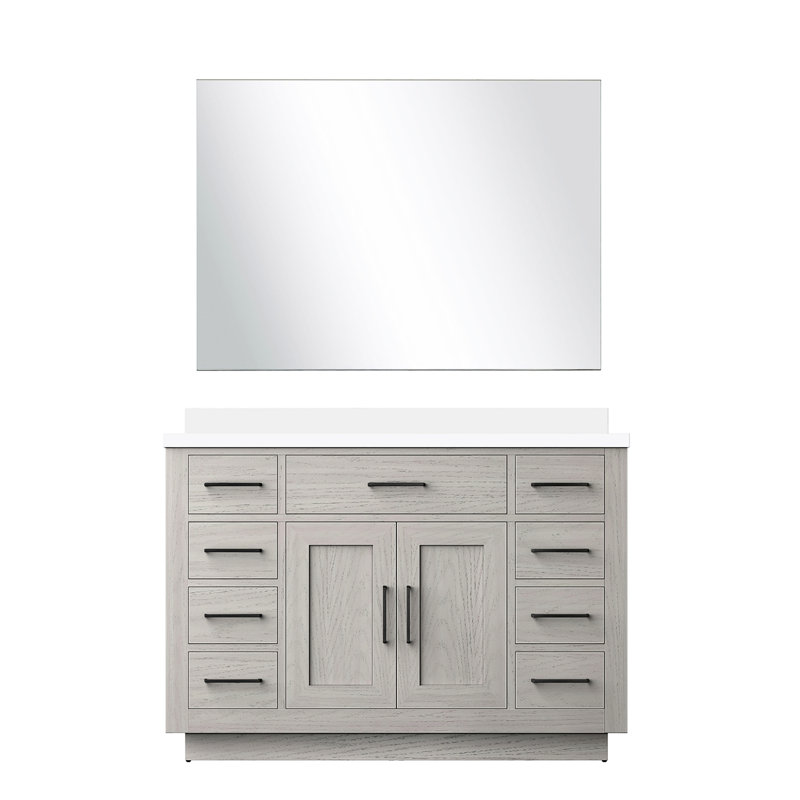 48 po Large meuble-lavabo simple en chêne blanc, surface en quartz, miroir de 43 po x H 24 po et cadre en bois de chêne massif, profondeur 22 po, avec comptoir, tiroirs à fermeture douce