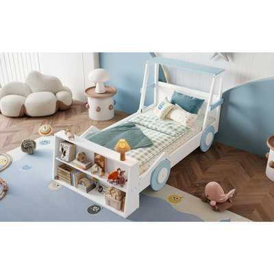 Lit voiture avec tablettes de rangement, lit plateforme pour enfants avec une jolie forme de voiture, design enfantin
