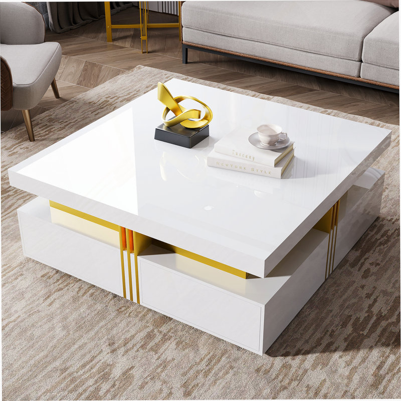Table basse moderne avec rangement à 4 tiroirs et table basse contemporaine, Blanc lustré