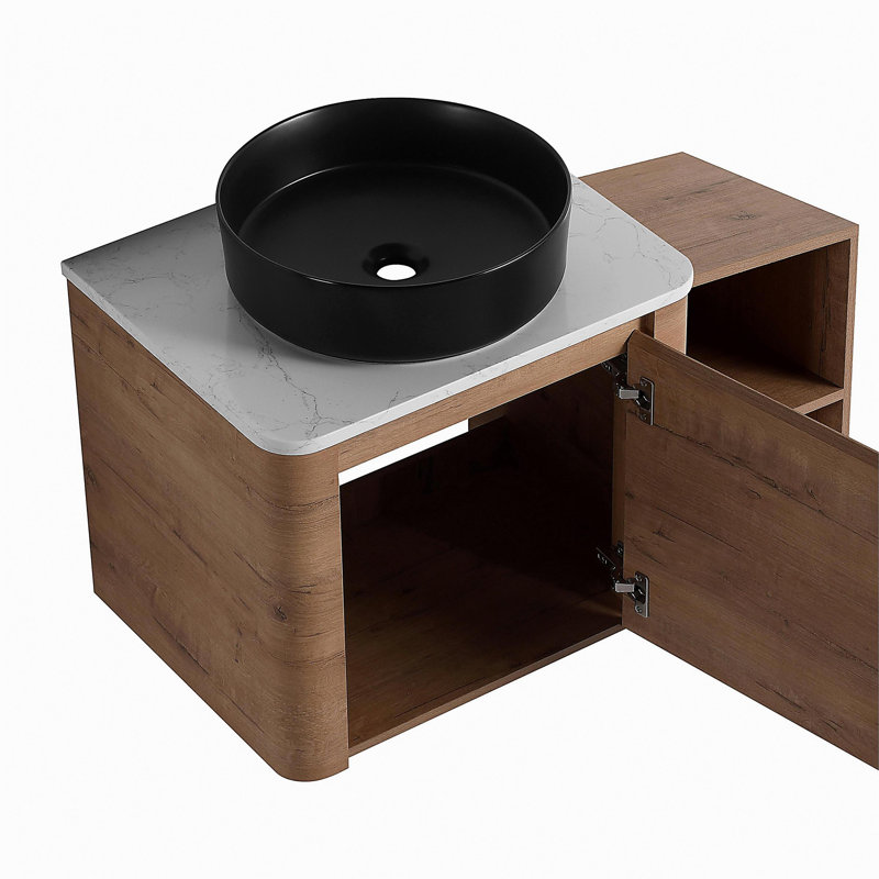 Meuble-lavabo mural 36 po avec lavabo d'art en céramique et tablettes de rangement, porte à fermeture en douceur, emballage KD, contreplaqué