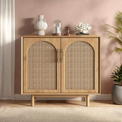 Modern Natural Pine Sideboard with Rattan Doors