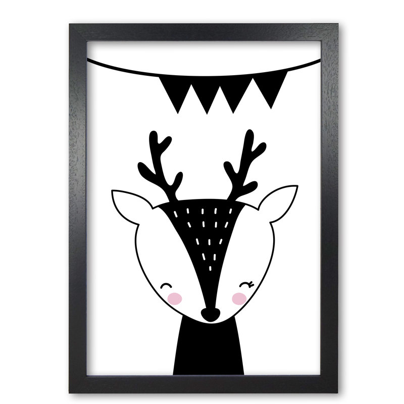 Scandi Black Deer With Banner - Print, 85 cm H x 60 cm W x 5 cm D, Black Grain Frame