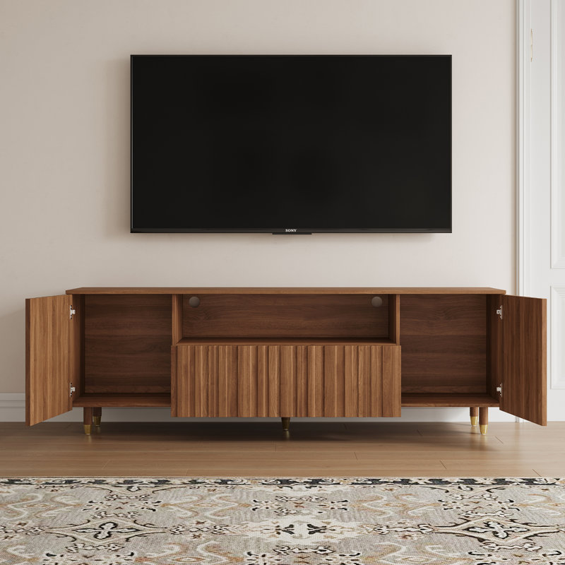 Meuble télé 71 po Mid-Century, console multimédia rectangulaire en bois avec rangement ouvert