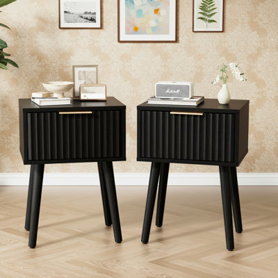 15.7" Black Relief Nightstand, Particleboard & MDF, Melamine & Vacuum Forming, 1 Drawer, High Leg (2 Pcs)