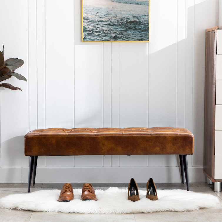 Lora Mid-Century Modern Tufted Leather Bench, 44" Wide with Metal Legs