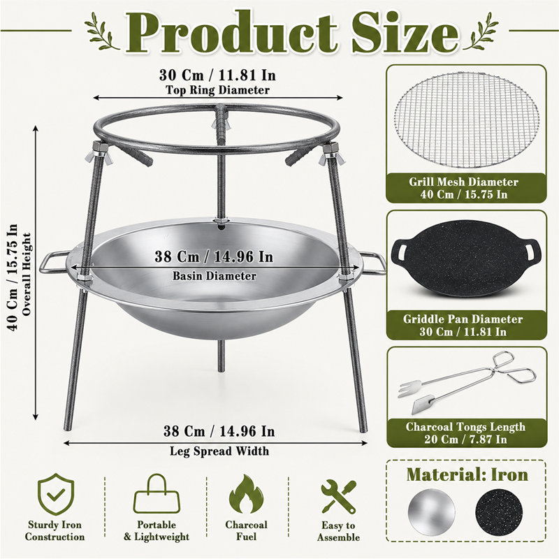 Tripod Camping BBQ Grill, Multi-Functional Outdoor BBQ Grill, Metal Outdoor Fire Pit, campfire tripod,tripod fire pit,campfire cooking tripod,11-Inch Campfire Grill Pan, 15-Inch Round Mesh Grate, 3 Detachable Legs, with Handle, Includes Charcoal Tongs an
