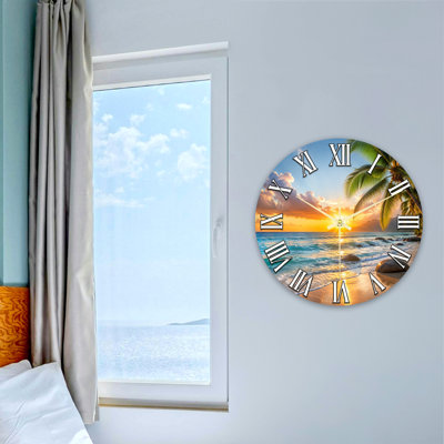 Landscape & Nature Sunset Beach Palm Tree Ocean Sky Clock Face Roman Numerals Ultra Clear Glass