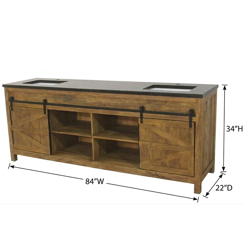 84 po Meuble-lavabo double de style campagnard en bois naturel avec plateau en marbre noir assemblé