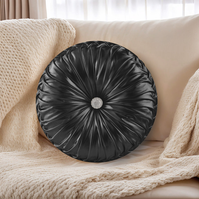 Set Of 2 Round Ruched Throw Pillows For Bedroom Living Room Couch Car Chair Decoration, Black