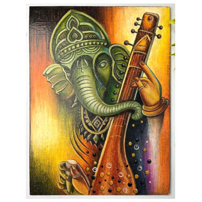 Lord Ganesha jouant à Sitar | Couleur du crayon | Peinture de Sanju Basu