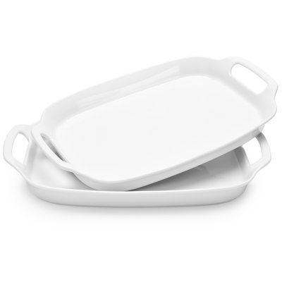 Dowan 15" White Porcelain Serving Platter Set - 2 Pieces, With Handles
