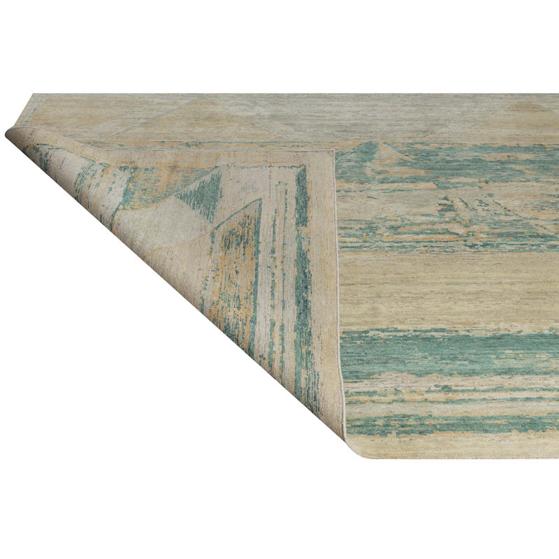 Hand Knotted Wool Abstract Area Rug in Beige/Green, Rectangle 10' x 14'