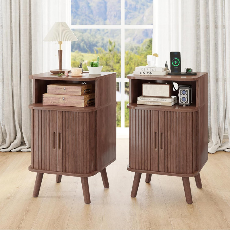 Regar Fluted Nightstand with Charging Station , Brown, Set of 2