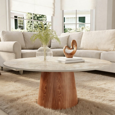 Modern Round Wooden Pedestal Coffee Table With Matte Natural Stone Tabletop