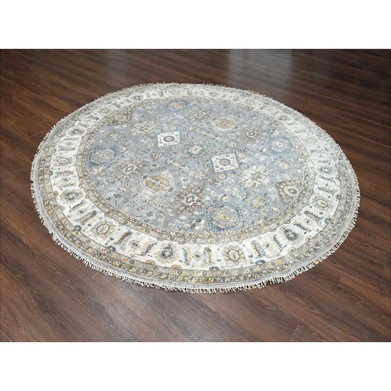 9'x9' Blue Grey Hand Knotted Karajeh Design Wool Round Oriental Rug AB993CAC81D24FB5A822FCC3F1C305A7