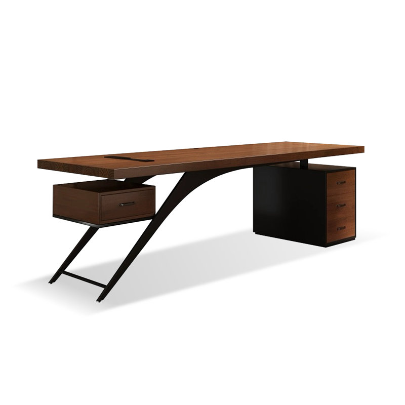 Bureau rectangulaire brun et noir en bois massif et acier au carbone avec 4 tiroirs, H 29,53 po x l 70,87 po x P 31,5 po
