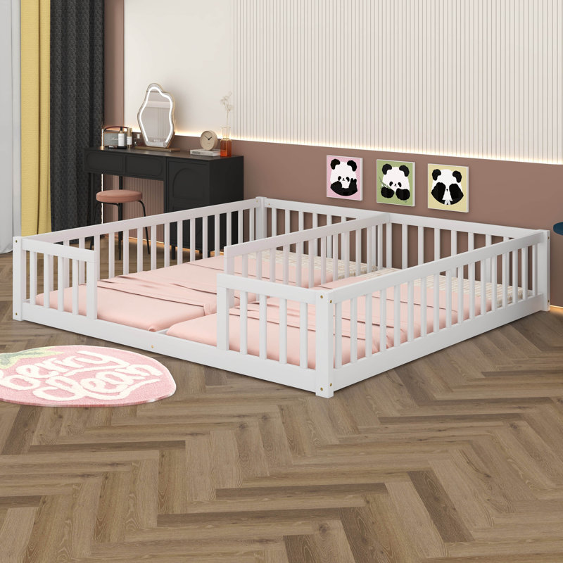 Double Twin Floor Bed With Fence And Guardrails, White