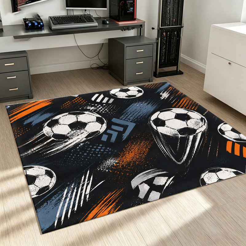 Soccer Pattern Area Rug, Living Room Carpet, Bedroom Floor Mat, Sports Themed, Modern Home, Durable Washable, Indoor Area World Cup Soccer Decor
