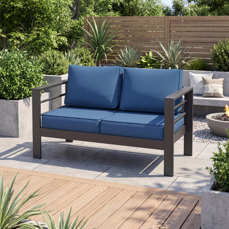 Canapé d'extérieur pour 2 personnes avec coussins, Structure gris-noir / coussin bleu