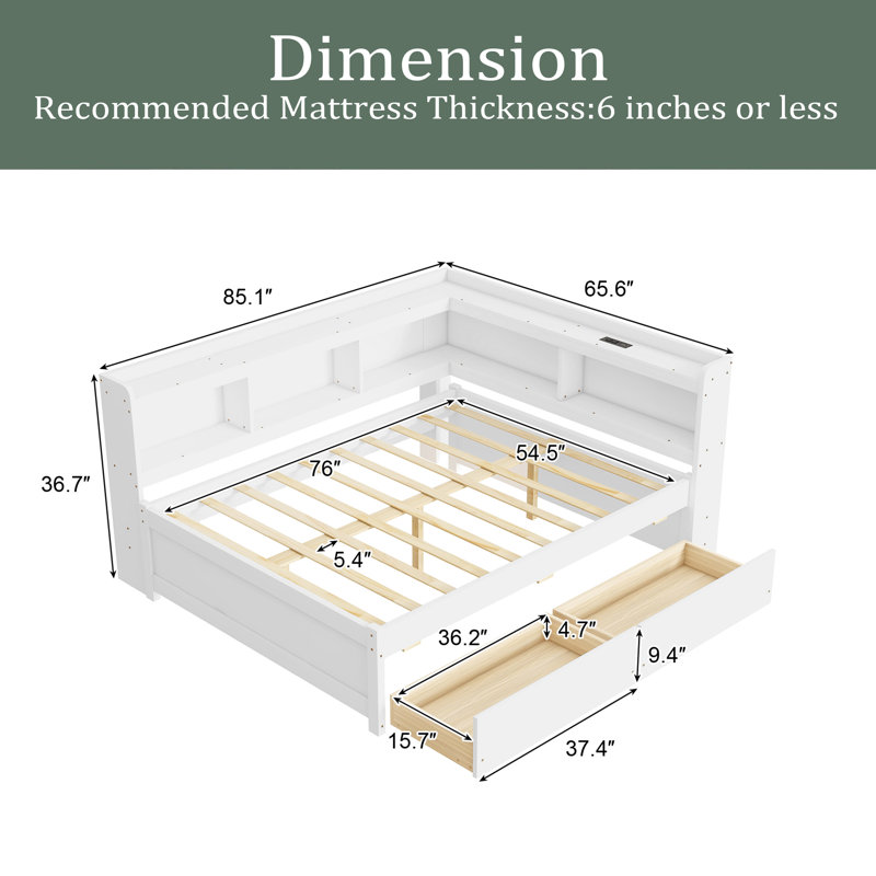 Full Size L-Shaped Bookcases Bed With Power Outlets, USB Charging Ports,Two Drawers, Whtie