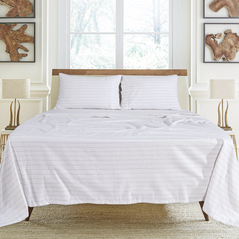 Colyt 100% Cotton Flannel Sheet Set, Twin XL Case Pack + Fitted Sheet + 2 Pillowcases, White Pin Stripe