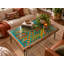 Table basse à fond ouvert 24 x 36 po turquoise, jaune et marron avec plateau en verre et structure en bois massif