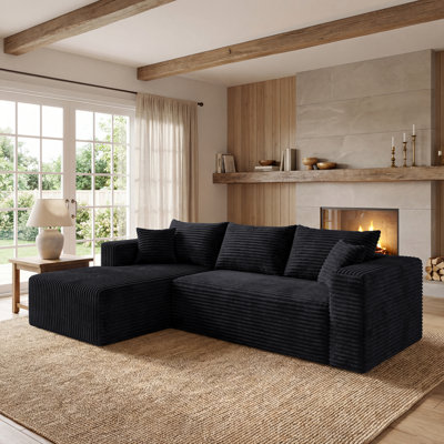 L-Shaped Modular Boneless Sectional Couch Flannel Compression Sofa with Pocket Spring, Modern Deep Seat Convertible Sofa, Upholstered Couches for Living Room, Black