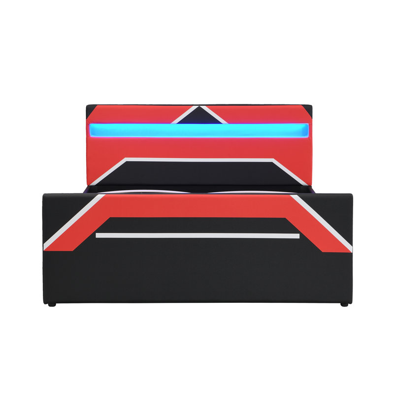 Grand lit de jeu rembourré avec tête de lit légère réglable et rangement relevable, Rouge