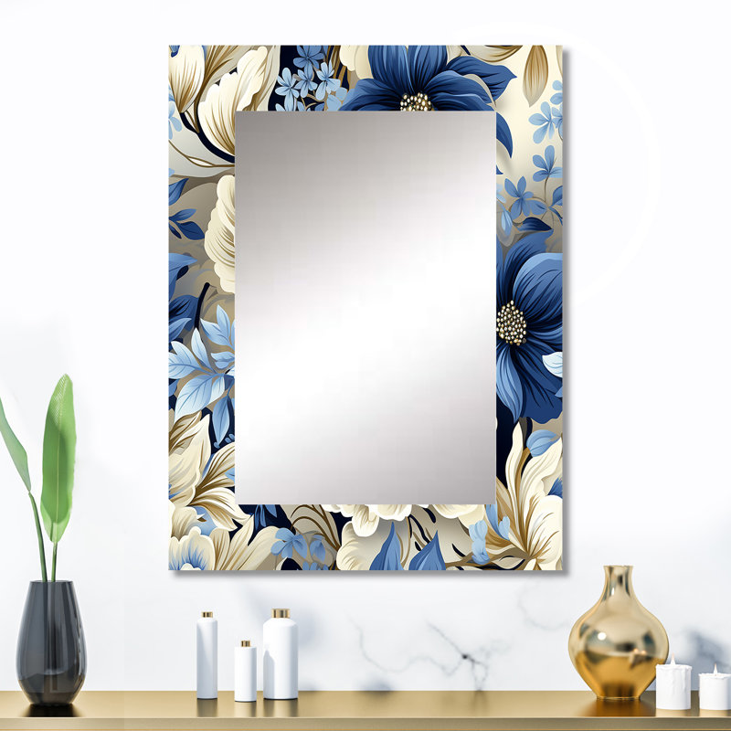 «Antre Coastal Blues White Flowers Blooms», grand miroir floral, miroir mural décoratif floral, impression d'art en métal