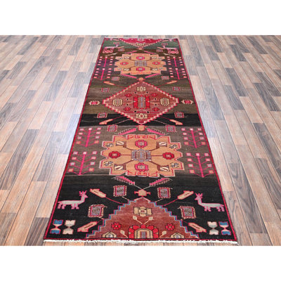 3'2"x9'4" Colorful, Vintage Northwest Persian with Animal Figurines, Hand Knotted, Worn Down and Distressed, 100% Wool, Zero Pile, Sides and Ends Professionally Secured, Wide Runner, Oriental Rug