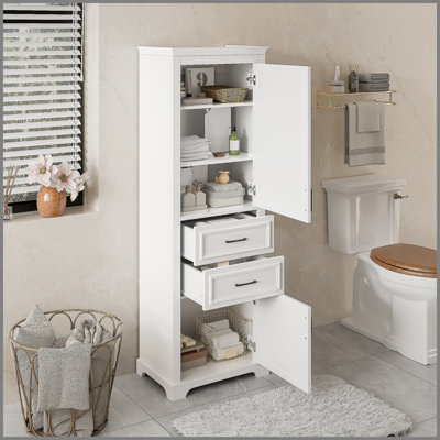 Meuble-lavabo autoportant de 71 pouces de hauteur avec portes et tiroirs à charnières amortissantes, avec un design moderne et élégant. Comprend des tablettes réglables, une tablette fixe et un rangement peu encombrant