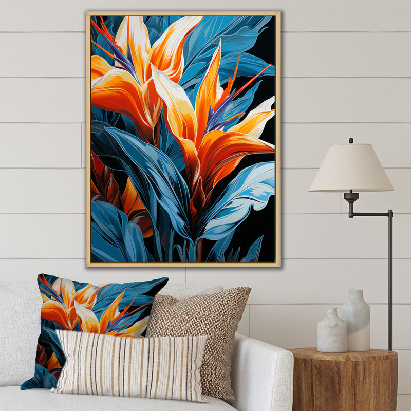 Oiseaux de paradis fleurs tropicales III - Oiseaux de paradis, art mural, H 40 po x l 30 po x P 1,5 po, Cadre flottant brun
