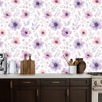 Peel and Stick Wallpaper Watercolor Floral Purple Lavender Flowers Contact Paper Removable Self Adhesive Wall Mural Wall Decor for Bedroom Kitchen Cabinets 17.7in x 118in