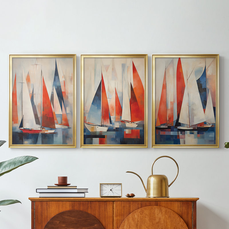 NAUTICAL Series CDVII - Toile tendue avec châssis sur mesure - 3 pièces, H 27 po x l 57 po, Doré
