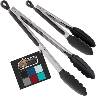 Stainless Steel Heat Resistant Kitchen Tongs For Cooking, Set Of 2 BBQ Tong, Non Scratch Silicone Tip For Pans, Strong Grip, Grab Food, Toss Salad, Air Fryer, Pull Lock, 7 + 9 Inch, Black
