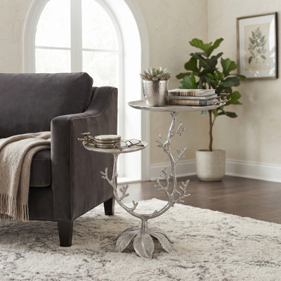 Table décorative à deux niveaux 26 x 16 x 30 po avec motif floral argent et or