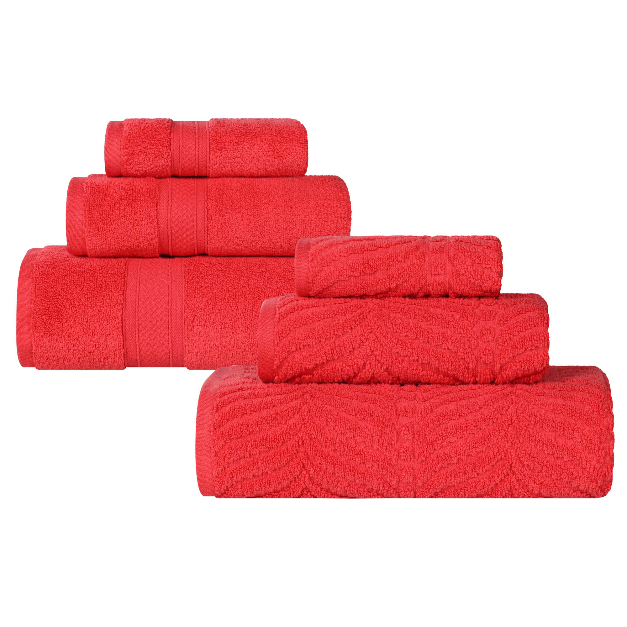 Amaretto Chevron Zero Twist Solid and Jacquard Cotton 6 Piece Bathroom Towel Set, Red