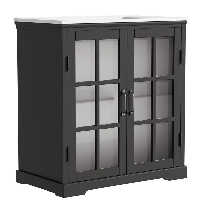 Meuble-lavabo moderne 30 po avec lavabo en céramique et verre trempé givré, Noir