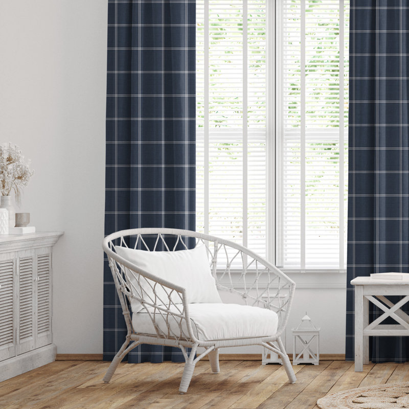 Shay Window Pane Dark Denim Cotton Rod Pocket Drapery Panel Set of 2, 50" W x 108" L