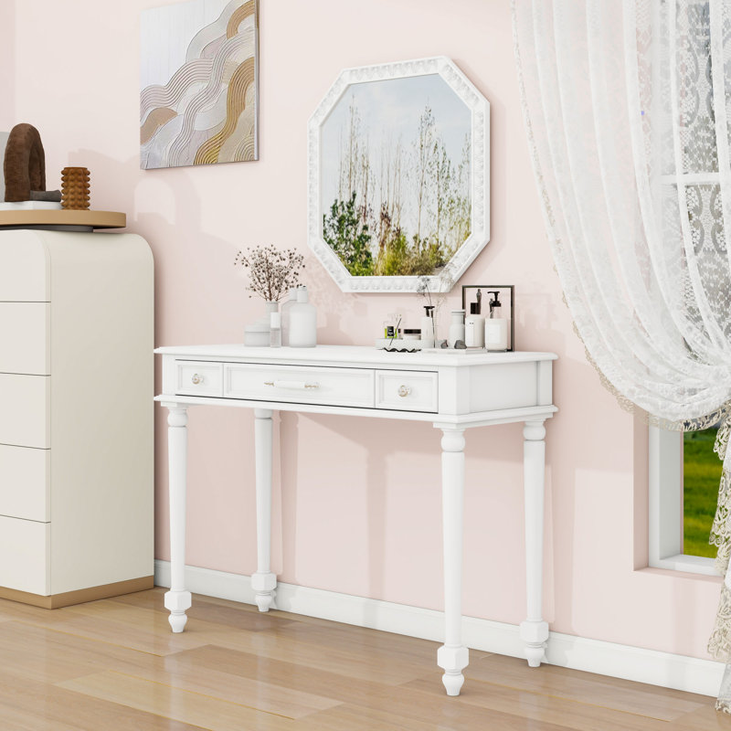 Bureau de maquillage rétro avec miroir octogonal, 3 tiroirs et plateau à bijoux