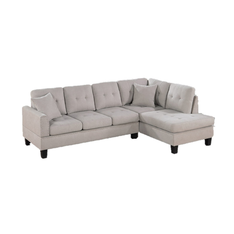 Living Room Furniture 2-PCS Sectional Sofa Set LAF Sofa And RAF Chaise Mushroom Color Tweeted-Like Velvet Tufted Couch Nailheads