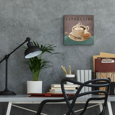 Art mural en verre acrylique 12 po x 12 po «Coffee And Co 1 Teal and Gray» par Janelle Penner