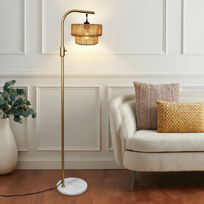 63" Boho Rattan Arched/Arc Floor Lamp With Dimmable LED Bulb,Modern Farmhouse Standing Light For Living Room,Bedroom(Bulb Included)