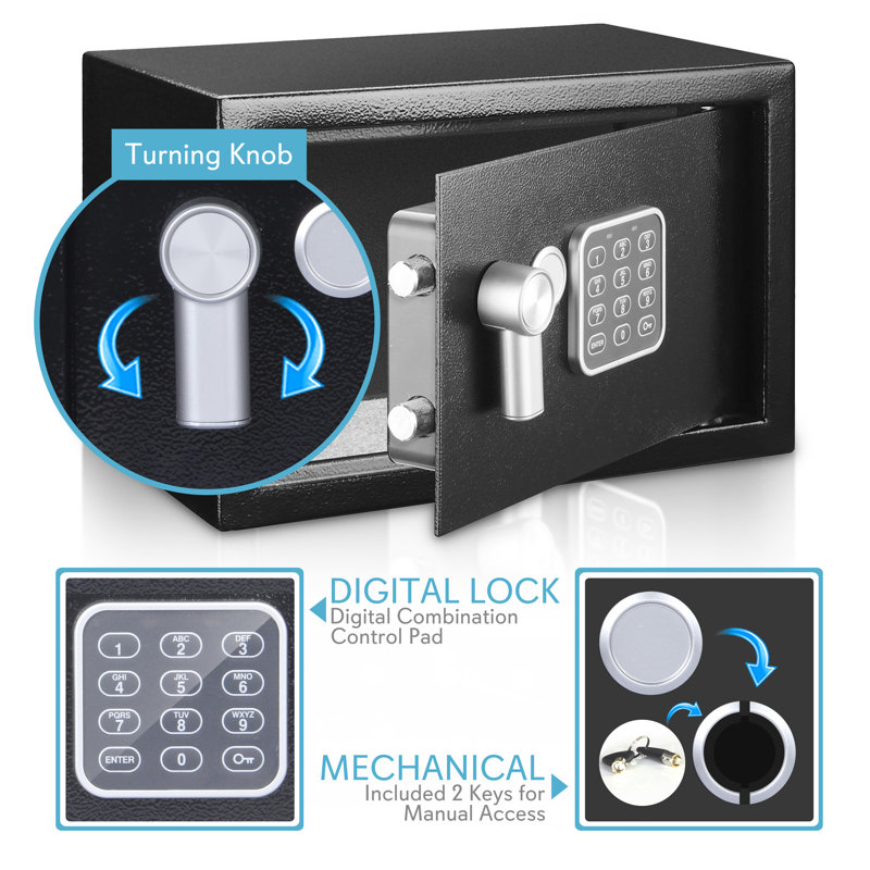 SereneLife Compact Electronic Security Safe with Key Lock, 6.75" H x 9.25" W x 6.75" D