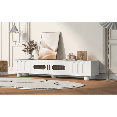 Meuble télé 80 po avec porte en verre trempé, 2 tiroirs, armoires, blanc, pieds en bois massif, poignées en métal, console de divertissement, tiroirs contemporains et pour téléviseur de 80 po, porte centrale