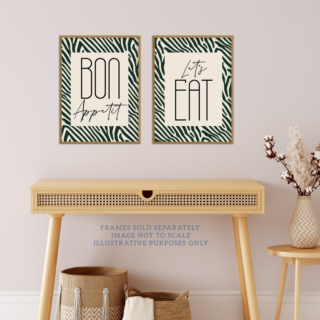 Bon Appetit Let's Eat With Zebra Stripes Pattern - 2 Piece No Frame Print Set
