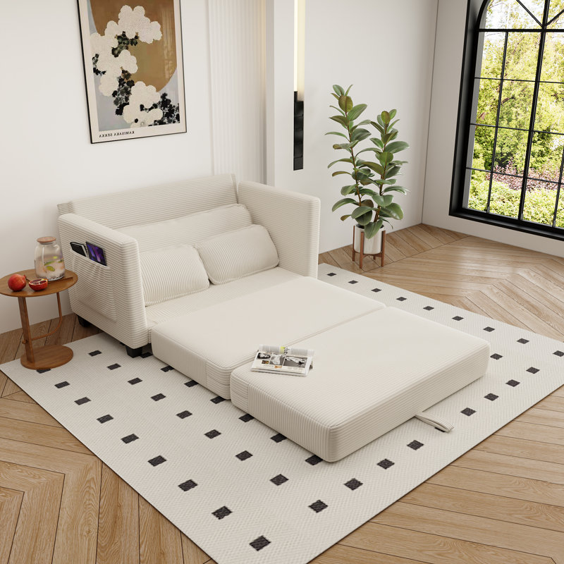 Canapé-lit convertible 51,15 po, causeuse en velours côtelé avec rangement latéral, Beige