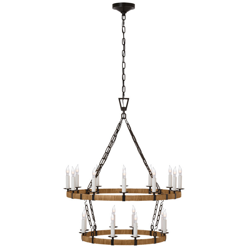 Darlana 20 - Light Wagon Wheel Chandelier, 36.75" H x 31.75" W x 31.75" D, Aged Iron/Natural Rattan